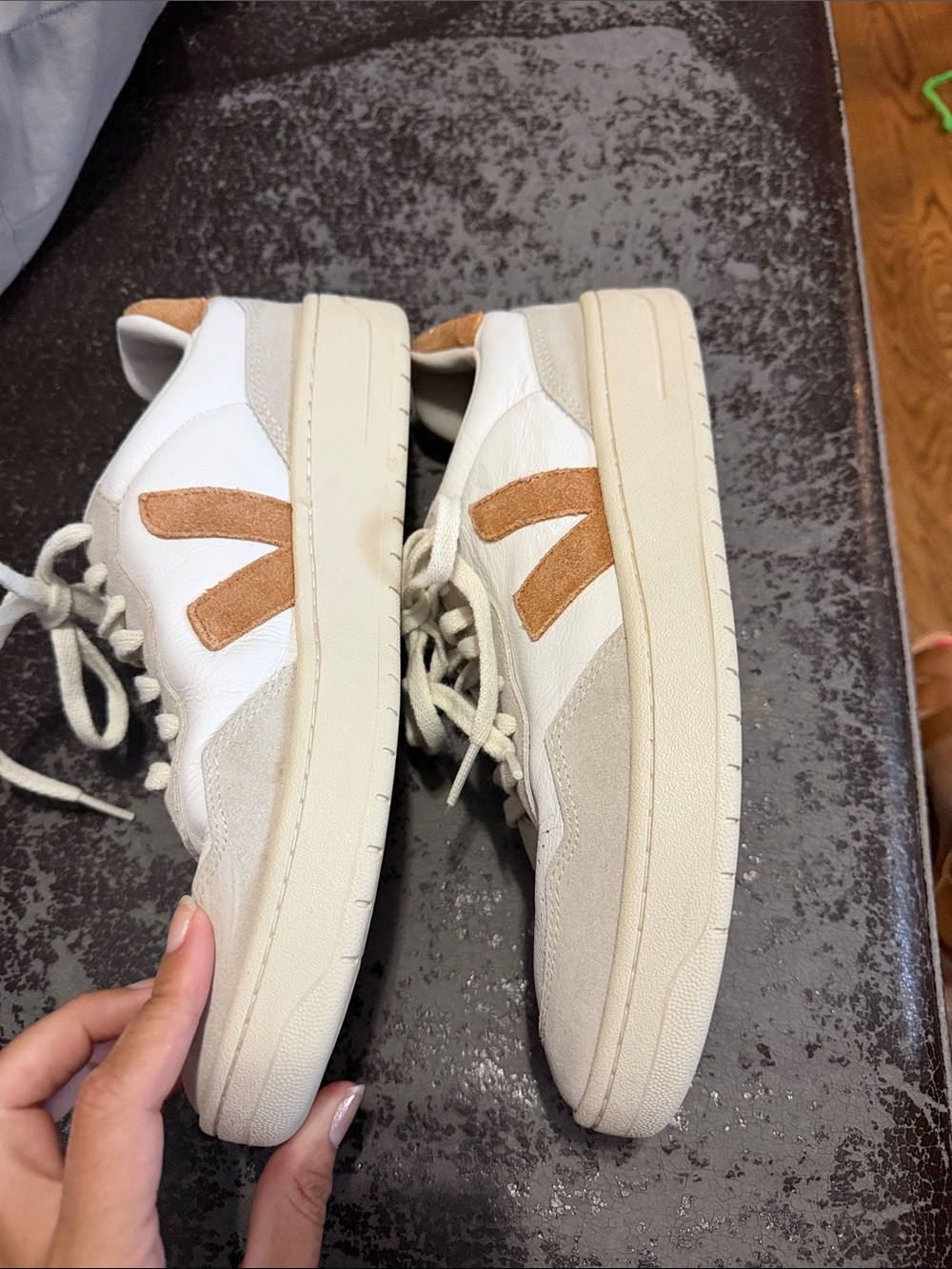 Veja Women's V10 Leather Cream-White Sneakers with Tan Heel Patch